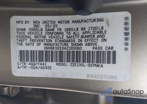 2004 Toyota Corolla Le из США, поврежденный, VIN 1NXBR32EX4Z195060